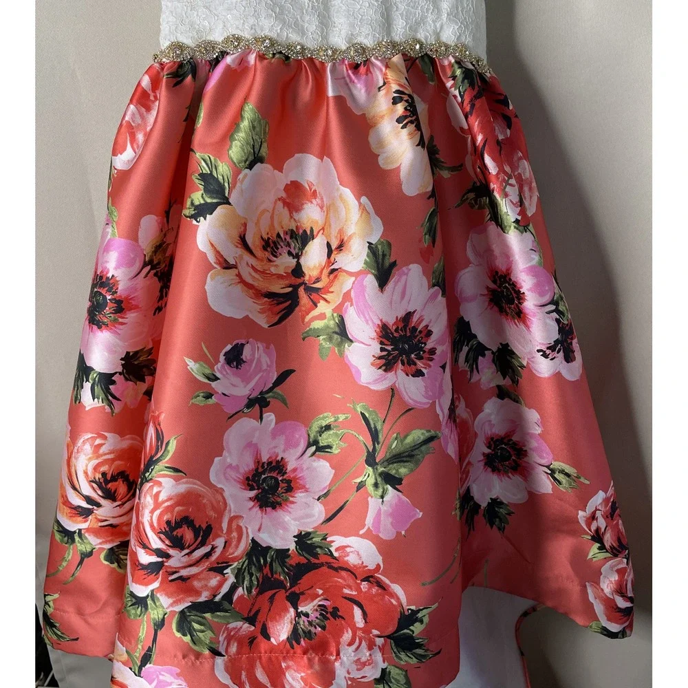 Rare Editions Girls Size 16 High Low Dress Coral Pink Floral Lace Sequin Bow NEW